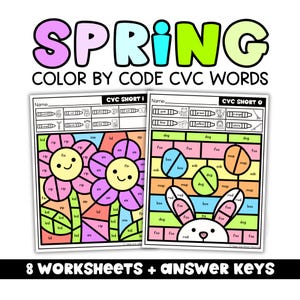 Op de afbeelding: Twee kleur-op-code werkbladen met een lentethema. De bovenkant van de afbeelding luidt "SPRING COLOR BY CODE CVC WORDS". De werkbladen bevatten bloemen en een konijn. De onderkant van de afbeelding luidt "8 WORKSHEETS + ANSWER KEYS."