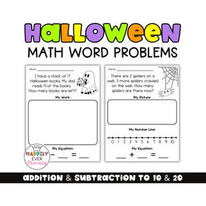 May include: Two black and white printable worksheets titled Halloween Math Word Problems. The left page features a ghost and a subtraction problem about books. The right page shows a spider on a web with an addition problem and a number line from 0 to 10.