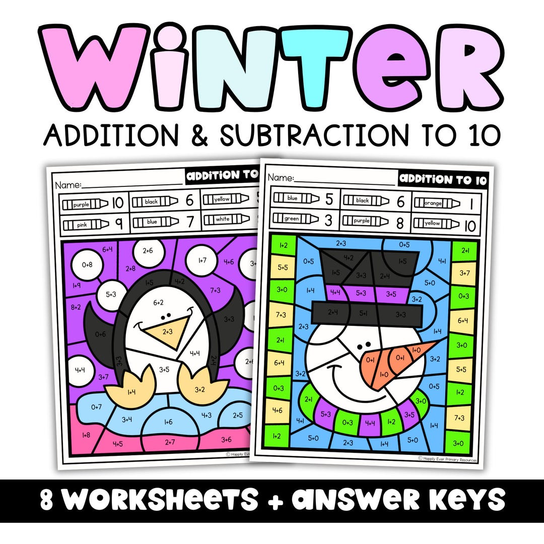 Winter Color by Code Math Worksheets | Addition & Subtraction Within 10 ...