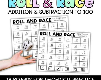 Roll and Race Math Dice Games | Two Digit Addition and Subtraction Within 100 | Printable Math Activities for 1st 2nd and 3rd Grade