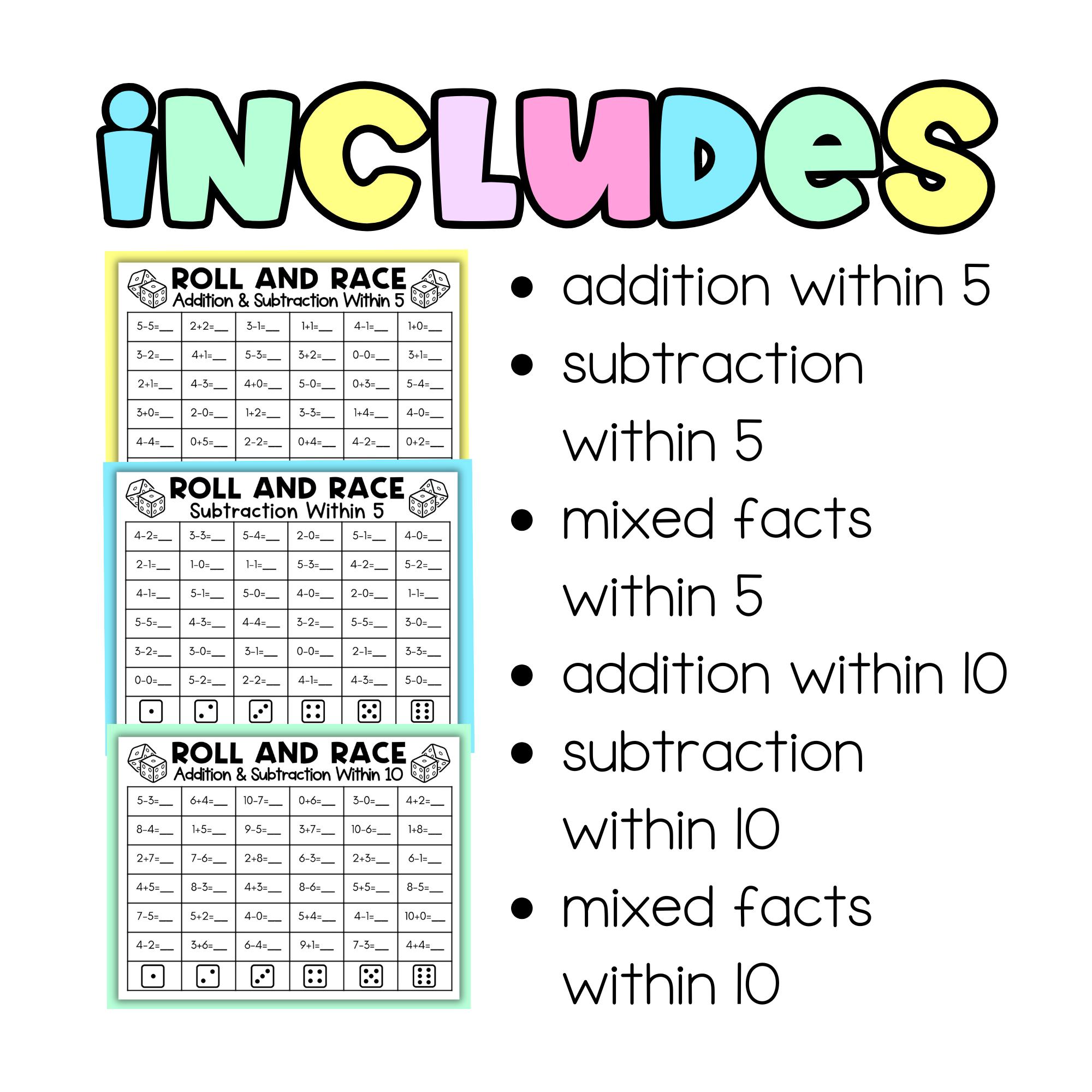 Roll and Race Math Dice Games | Addition and Subtraction Within 10 ...