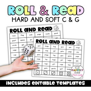 Puede incluir: Dos hojas de trabajo educativas tituladas ROLL AND READ HARD AND SOFT C & G con cuadrículas de palabras y un dado de seis caras. Las hojas incluyen columnas para tiradas de dados del uno al seis, con filas de palabras que contienen sonidos C y G.