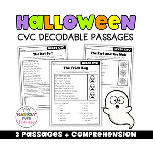 Op de afbeelding: Drie educatieve werkbladen getiteld Halloween CVC Decodable Passages met verhalen zoals The Hot Pot, The Trick Bag en The Rat and the Web. Elke pagina bevat tekst, meerkeuzevragen en een kleine illustratie van een spookje.