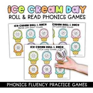 Könnte beinhalten: Lehrreiche Phonetik-Spiele mit Eiswaffel-Grafiken. Das Bild zeigt mehrere Spielblätter mit bunten Eiswaffeln und Wortvorgaben. Eine Hand hält einen Würfel über den Spielblättern. Der Text auf dem Bild lautet "Ice Cream Day Roll & Read Phonics Games".