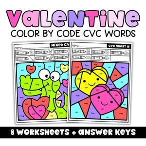 Op de afbeelding: Twee werkbladen met Valentijnsthema met kleur-per-code CVC-woorden. Eén toont een groene alligator en de andere twee lachende harten. De werkbladen zijn gelabeld met de woorden "Valentine" en "Color by Code CVC Words". De onderkant van de afbeelding luidt "8 Worksheets + Answer Keys".