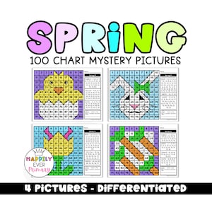 May include: A colorful educational chart titled "SPRING 100 CHART MYSTERY PICTURES" with four differentiated worksheets. Each worksheet features a grid with numbers and a color key to reveal hidden images. The text "HAPPILY EVER PRIMARY" is also present.
