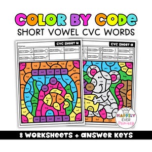 Farbe nach Code CVC Wörter Arbeitsblätter, kurze Vokal Phonics Aktivitäten, Kindergarten Lesezenten, CVC Wortflüssigkeit, Dekodierungsübungen