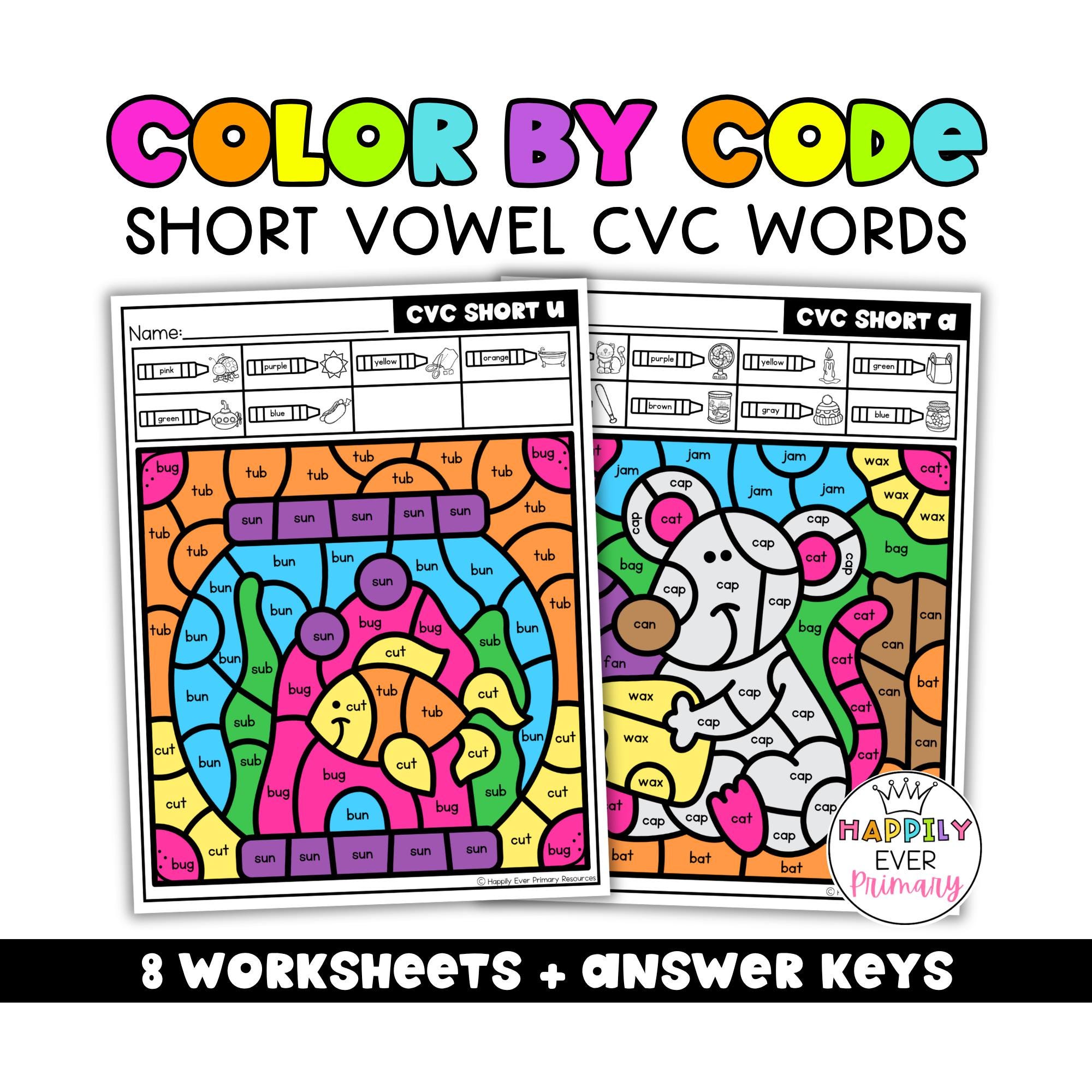 Color by Code CVC Words Worksheets, Short Vowel Phonics Activities ...
