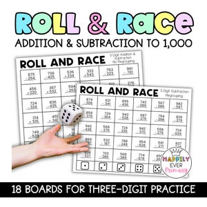 Puede incluir: Juego educativo titulado "Roll & Race" para practicar la suma y la resta. La imagen muestra dos tableros de juego con problemas de matemáticas, un dado y el texto "18 Boards for Three-Digit Practice".