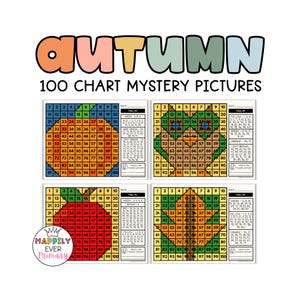 May include: Four educational worksheets titled 100 CHART MYSTERY PICTURES featuring grids with numbers 1-100. Each sheet includes a color-coded key and a grid where specific numbers are colored to reveal images of a pumpkin, owl, apple, and leaf.