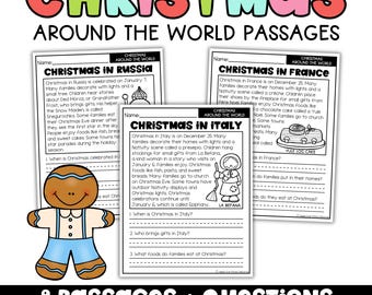 May include: Educational resource with Christmas Around the World passages. The image shows worksheets with text about Christmas traditions in Russia, France, and Italy, alongside a gingerbread man illustration. The title is "Christmas Around the World Passages".