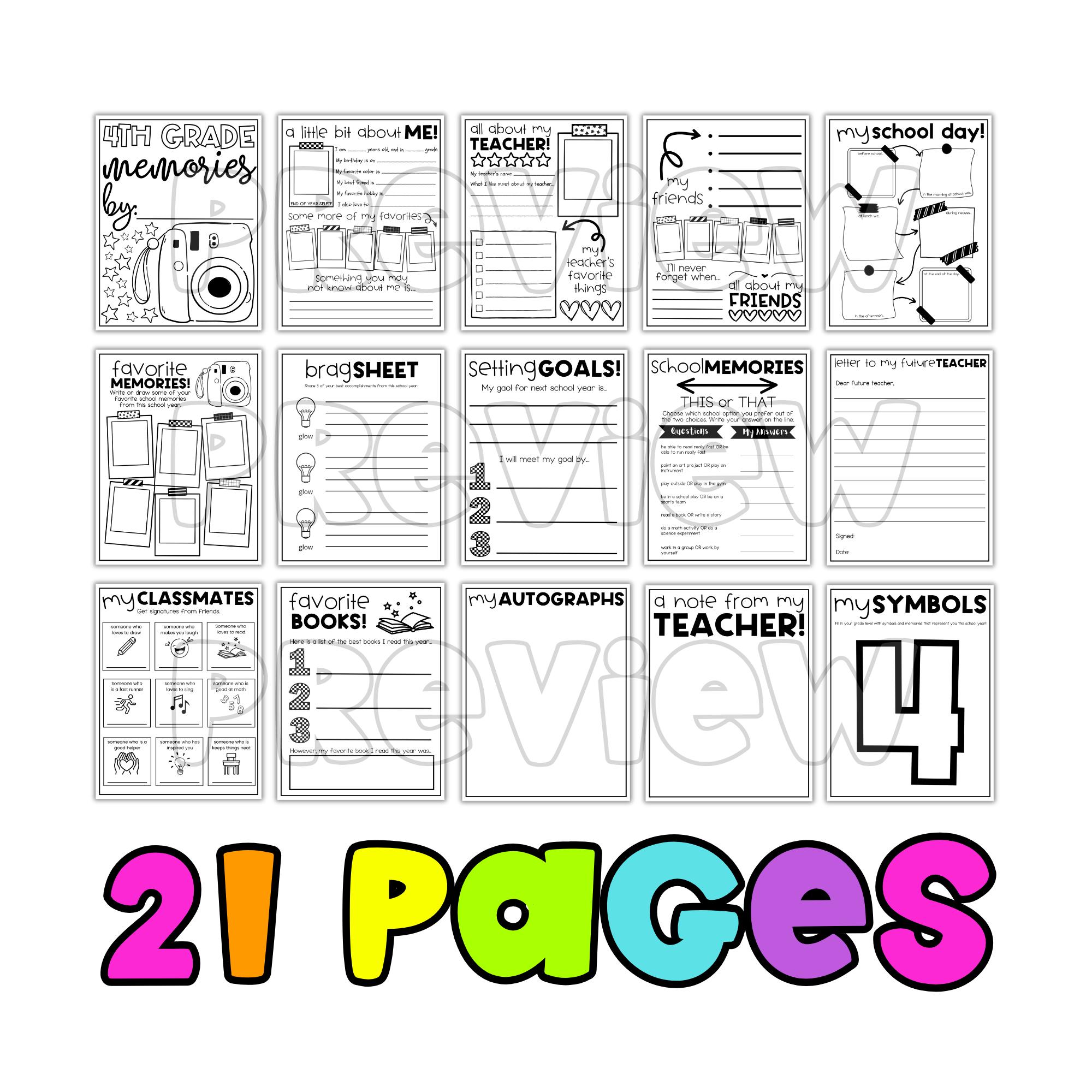 End of Year Memory Book Activities for 1st 2nd 3rd 4th Grade Last Week ...