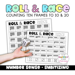 Puede incluir: Juego educativo titulado "Roll & Race" con marcos de conteo hasta 10 y 20. La imagen muestra dos hojas de juego en blanco y negro, un dado y el texto "Number Sense • Subitizing".