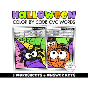 Halloween CVC Words Color by Code Worksheets Short Vowel Phonics Printable