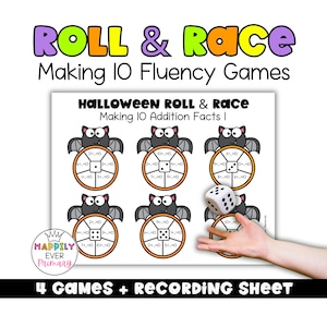 Peut inclure: Une fiche pédagogique Roll & Race Making 10 Fluency Games avec des illustrations de chauves-souris d'Halloween et des problèmes d'addition. La feuille comprend des plateaux de jeu circulaires et un dé blanc à six faces.