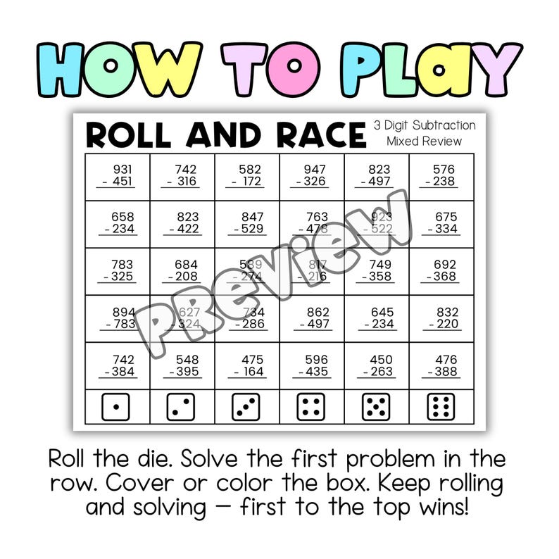 Roll & Race 3 Digit Addition and Subtraction Games | Math Dice Games ...