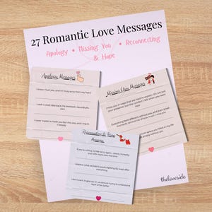 May include: A set of romantic love message cards in white. Categories include Apology, Missing You & Hope, and Reconnecting. Each card features fill-in-the-blank prompts. The text "27 Romantic Love Messages" is at the top of the page.