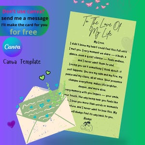 May include: A digital love letter design with an open envelope and a handwritten letter. The letter reads "To The Love Of My Life" and includes a heartfelt message. The design also features hearts and butterflies.