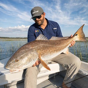 May include: A large red drum fish with copper-colored scales and a distinct black spot on its tail, held by a person wearing a navy blue button-down shirt, khaki pants, a gray baseball cap, and sunglasses while sitting on a boat.