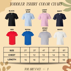 The image is a color chart for toddler t-shirts, displaying different color options and corresponding sizes for each color.