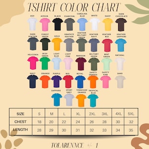 The image is a color chart for a t-shirt, displaying various color options and corresponding sizes.