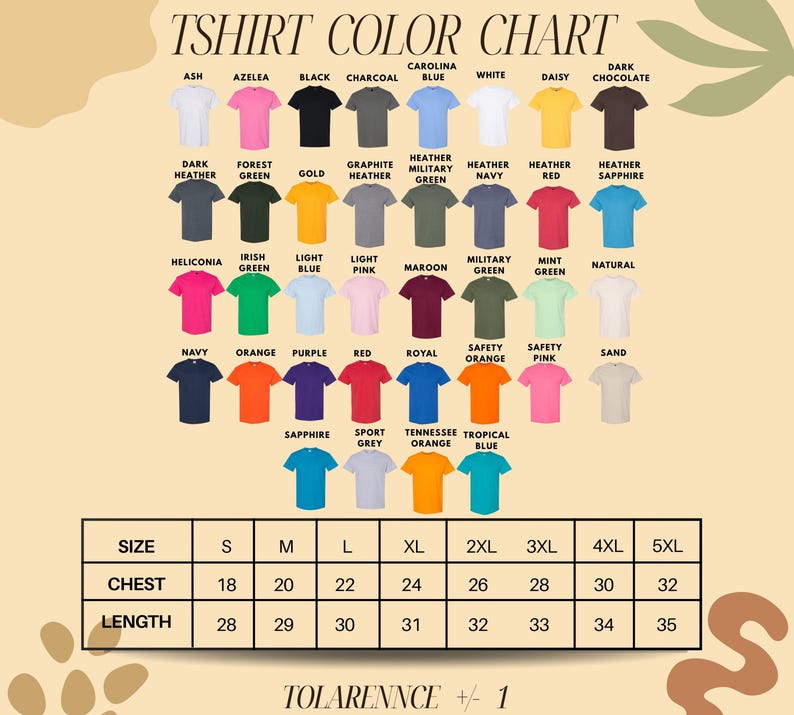 The image is a color chart for a t-shirt, displaying various color options and corresponding sizes.