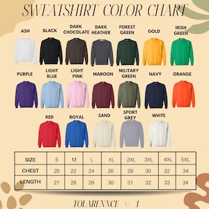 The image is a color chart for a collection of sweatshirts, displaying various colors and sizes.
