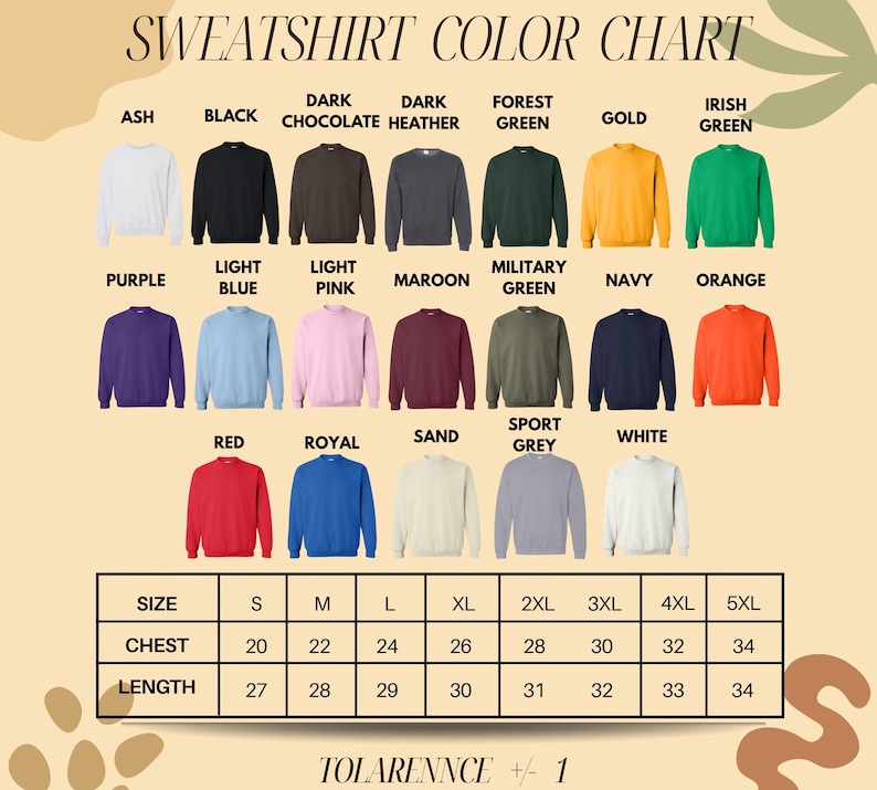 The image is a color chart for a collection of sweatshirts, displaying various colors and sizes.