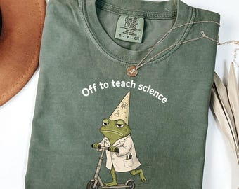 Comfort Colors® Off to Teach Science Shirt – Funny Science Teacher Tee, STEM Scooter Frog Shirt for Women, Back to School Shirt