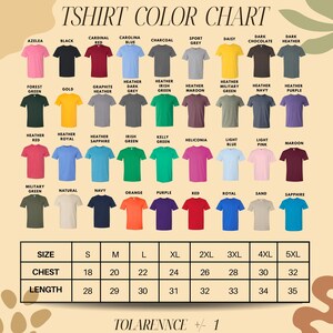 The image is a color chart displaying various t-shirt colors and sizes, along with a table that provides corresponding size and chest measurements.