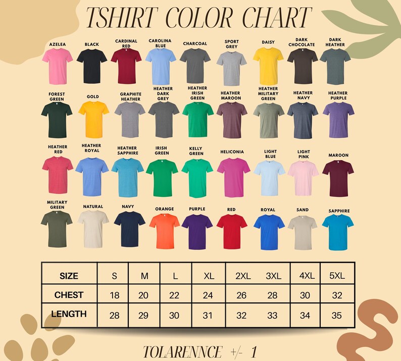 The image is a color chart displaying various t-shirt colors and sizes, along with a table that provides corresponding size and chest measurements.