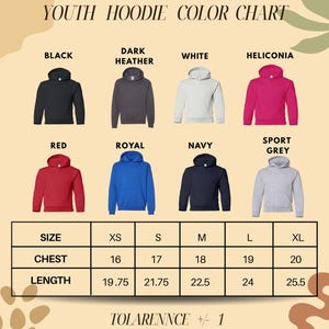 The image is a color chart for youth hoodies, displaying different color options and corresponding sizes.