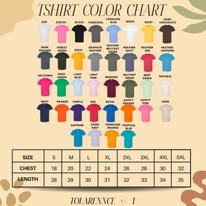 The image is a color chart for a t-shirt, displaying various color options and corresponding sizes.