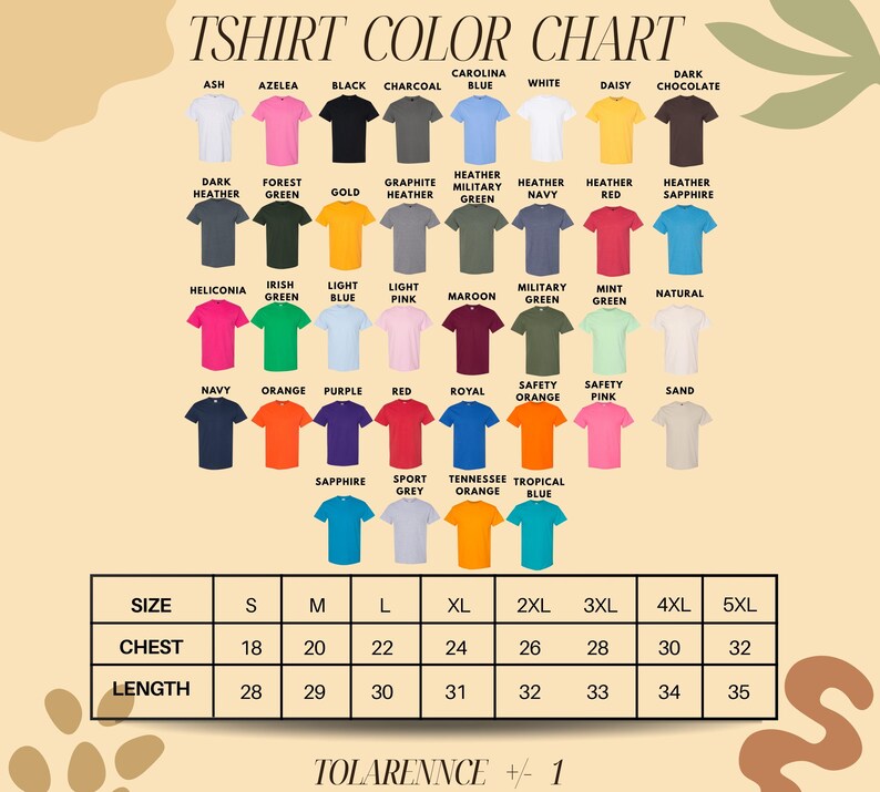 The image is a color chart for a t-shirt, displaying various color options and corresponding sizes.