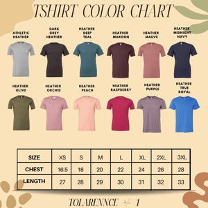 The image is a T-shirt color chart displaying various colors and sizes of t-shirts, along with a table of sizes and corresponding chest and length measurements.