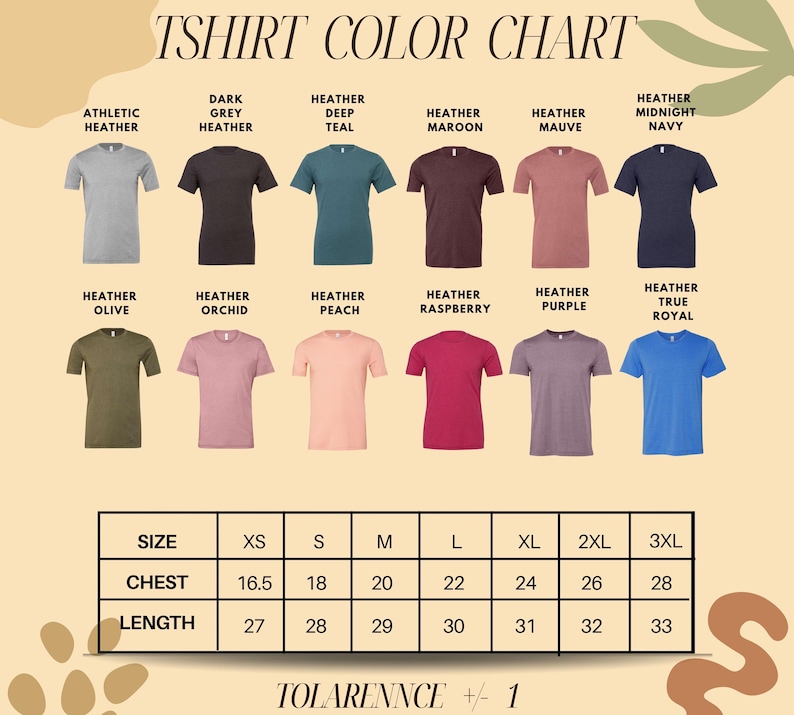 The image is a T-shirt color chart displaying various colors and sizes of t-shirts, along with a table of sizes and corresponding chest and length measurements.
