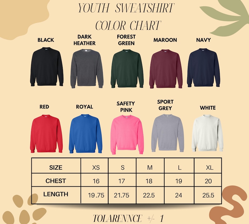 a color chart for youth sweatshirts, showing the different colors available and their corresponding sizes.