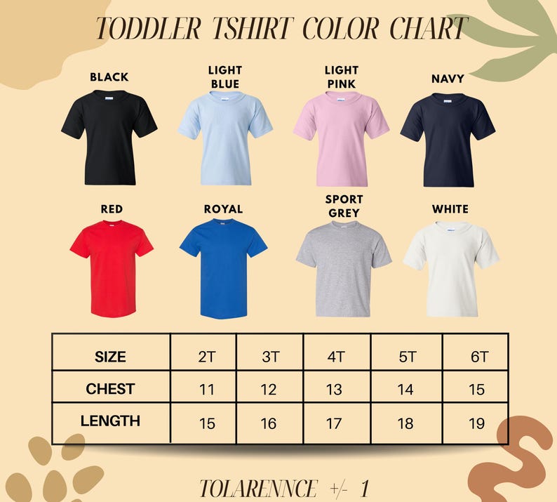 The image is a color chart for toddler t-shirts, displaying different color options and corresponding sizes for each color.