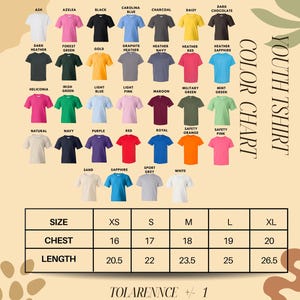 The image is a color chart of various t-shirt designs, including different colors and sizes, along with a table with size and chest length measurements.