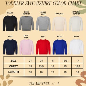 The image is a color chart for toddler sweatshirts, displaying various color options and corresponding sizes for different age groups.
