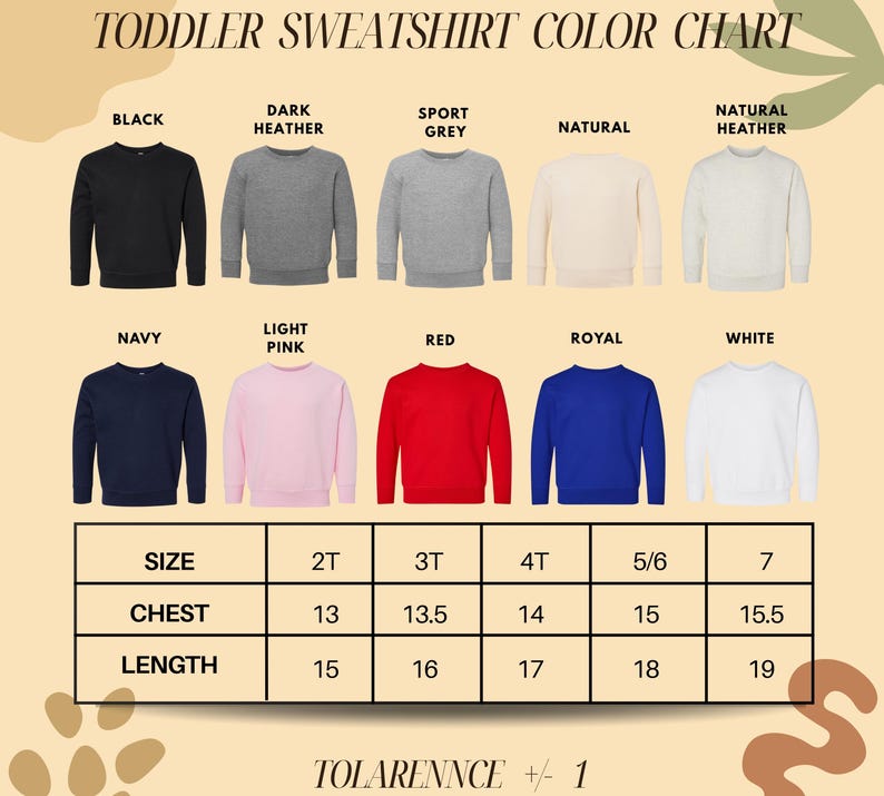 The image is a color chart for toddler sweatshirts, displaying various color options and corresponding sizes for different age groups.