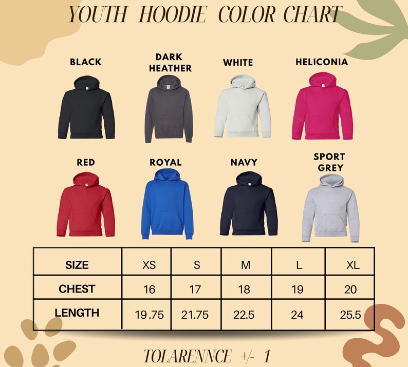 The image is a color chart for youth hoodies, displaying different color options and corresponding sizes.