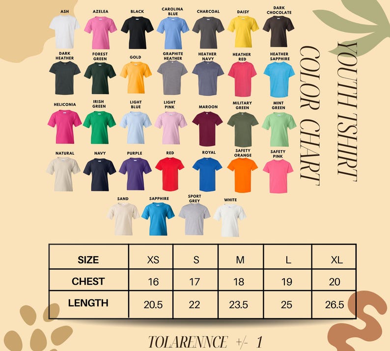 The image is a color chart of various t-shirt designs, including different colors and sizes, along with a table with size and chest length measurements.