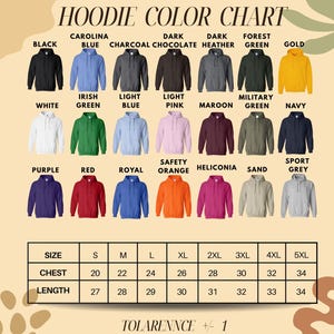 The image is a color chart for hoodies, displaying various color options and corresponding sizes.