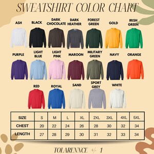 The image is a color chart for a collection of sweatshirts, displaying various colors and sizes.