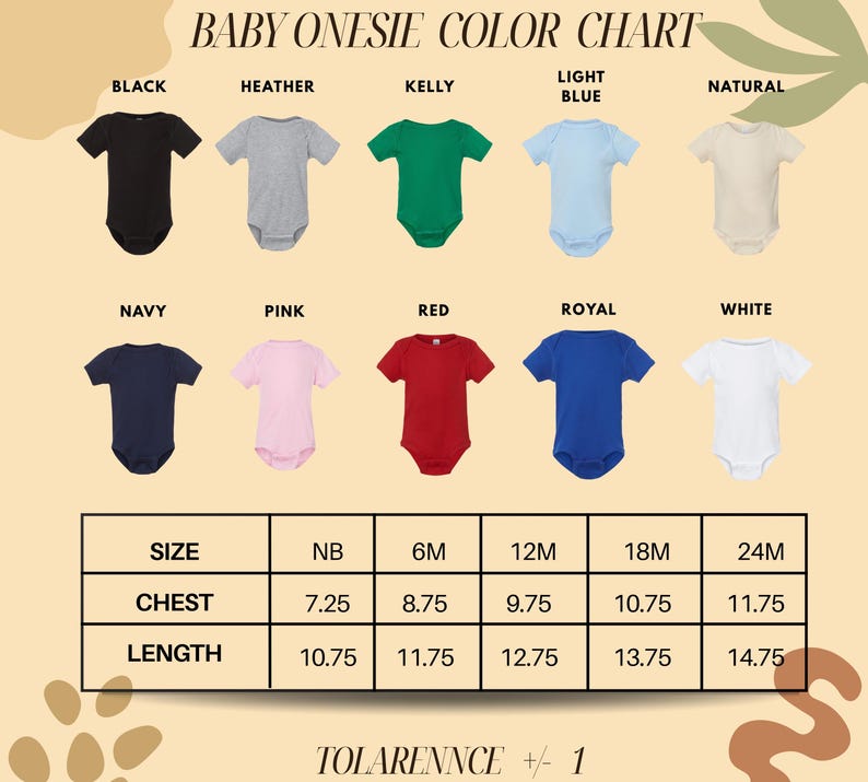 The image is a color chart for baby onesies, displaying various color options such as black, Heather, Kelly, light blue, natural, navy, pink, red, royal, white, and navy blue. The chart also provides size and chest measurements for each color option.