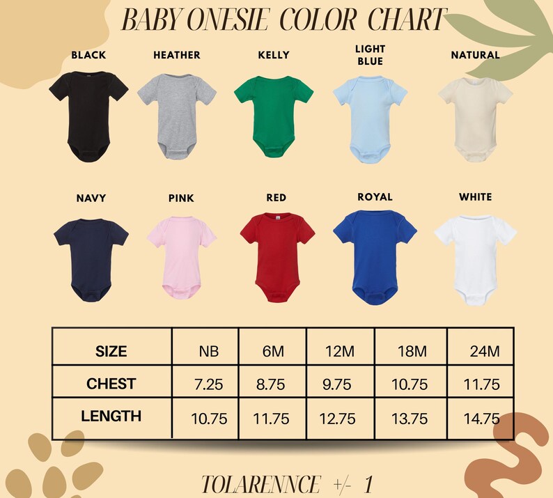 The image is a color chart for baby onesies, displaying various color options such as black, Heather, Kelly, light blue, natural, navy, pink, red, royal, white, and navy blue. The chart also provides size and chest measurements for each color option.