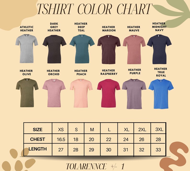 The image is a T-shirt color chart displaying various colors and sizes of t-shirts, along with a table of sizes and corresponding chest and length measurements.