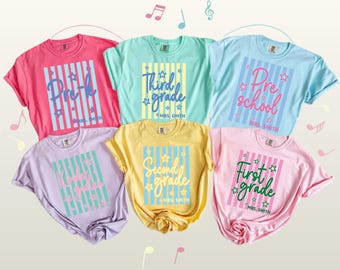 Comfort Colors Custom First Grade Teacher Shirt, Custom 1st Grade Matching Group T-Shirt Retro Wavy Stripes Educator Back to School Team Tee