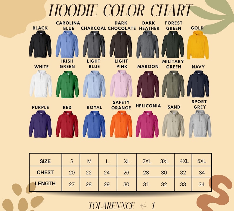 The image is a color chart for hoodies, displaying various color options and corresponding sizes.